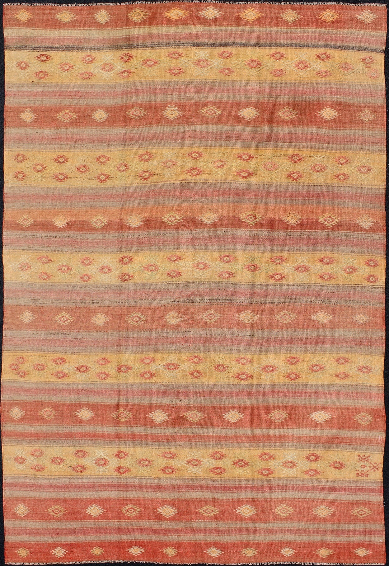 Keivan Woven Arts, En - 140546, Vintage Mid - Century Turkish Kilim Rug. Stripe design in multi - colors Turkish Kilim flat - weave vintage rug with geometric motifs, rug en - 140546, country of origin / type: turkey / Kilim, circa 1950. Featuring geometr... - Keivan Woven ArtsEN - 140546 - 6085Rug