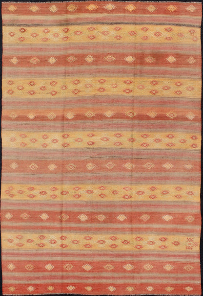 Keivan Woven Arts, En - 140546, Vintage Mid - Century Turkish Kilim Rug. Stripe design in multi - colors Turkish Kilim flat - weave vintage rug with geometric motifs, rug en - 140546, country of origin / type: turkey / Kilim, circa 1950. Featuring geometr... - Keivan Woven ArtsEN - 140546 - 6085Rug