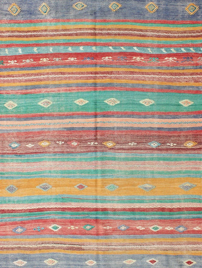 Bright and Colorful Flat - Weave Turkish Kilim Rug with Geometric Stripe Design kwarugs Geometric strip flat - weave Kilim rug from Turkey in Bright, cheerful, colorful colors, rug en - 140549, country of origin / type: turkey / Kilim, circa 1950. ... - Keivan Woven ArtsEN - 140549 - 6089Rug