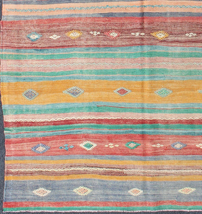 Bright and Colorful Flat - Weave Turkish Kilim Rug with Geometric Stripe Design kwarugs Geometric strip flat - weave Kilim rug from Turkey in Bright, cheerful, colorful colors, rug en - 140549, country of origin / type: turkey / Kilim, circa 1950. ... - Keivan Woven ArtsEN - 140549 - 6089Rug