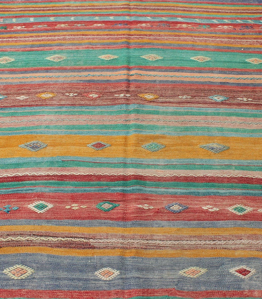 Bright and Colorful Flat - Weave Turkish Kilim Rug with Geometric Stripe Design kwarugs Geometric strip flat - weave Kilim rug from Turkey in Bright, cheerful, colorful colors, rug en - 140549, country of origin / type: turkey / Kilim, circa 1950. ... - Keivan Woven ArtsEN - 140549 - 6089Rug