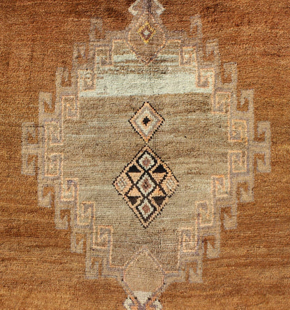 Vintage Turkish Kars Tribal Medallion Runner in Camel, Brown, and Taupe Measures: 4'6 x 10'11 This Kars Oushak features a triple center medallion with an overall geometric design scheme. The camel colored background homes three large tri... - Keivan Woven ArtsEN - 140562 - 5684Rug