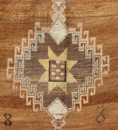 Vintage Turkish Kars Tribal Medallion Runner in Camel, Brown, and Taupe Measures: 4'6 x 10'11 This Kars Oushak features a triple center medallion with an overall geometric design scheme. The camel colored background homes three large tri... - Keivan Woven ArtsEN - 140562 - 5684Rug