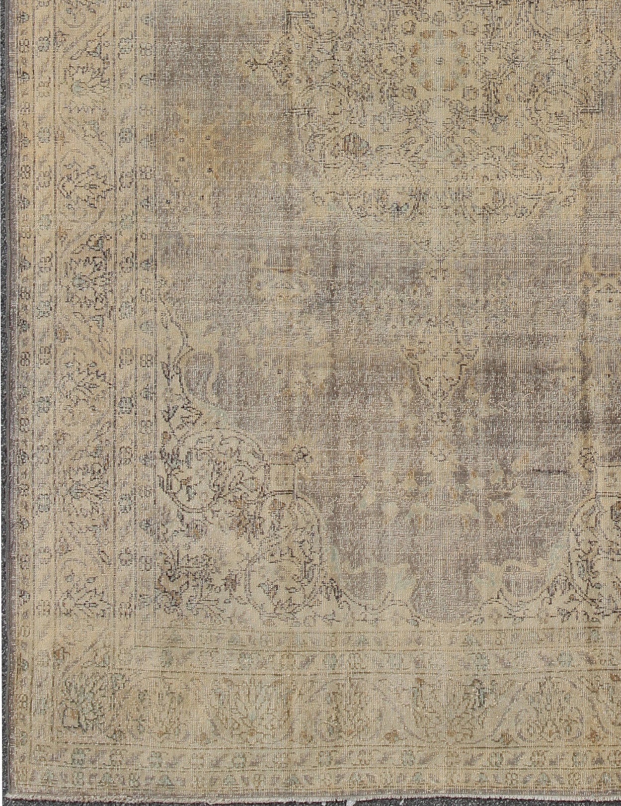 Distressed Turkish Carpet with Floral Design in Taupe, Gray and Ivory This vintage Turkish carpet has been neutralized to create faded pigments with a floral design. Neutral colors include many shades of taupe, gray, and ivory, with brown outlin... - Keivan Woven ArtsEN - 140589 - 6103Rug