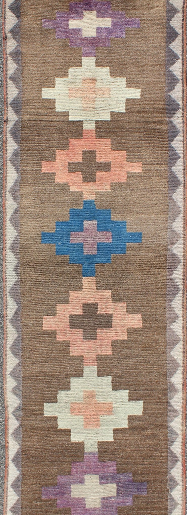 Vintage Turkish Tulu runner with tribal design in light pink, blue, lavender, rug en - 140710, country of origin / type: Turkey / Tulu, circa 1940 This Tulu runner contains four tribal medallions (in light pink, blue, ivory, and lavender) laid acr... - Keivan Woven ArtsEN - 140710 - 6384Rug