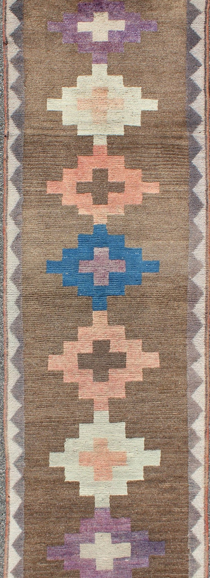 Vintage Turkish Tulu runner with tribal design in light pink, blue, lavender, rug en - 140710, country of origin / type: Turkey / Tulu, circa 1940 This Tulu runner contains four tribal medallions (in light pink, blue, ivory, and lavender) laid acr... - Keivan Woven ArtsEN - 140710 - 6384Rug