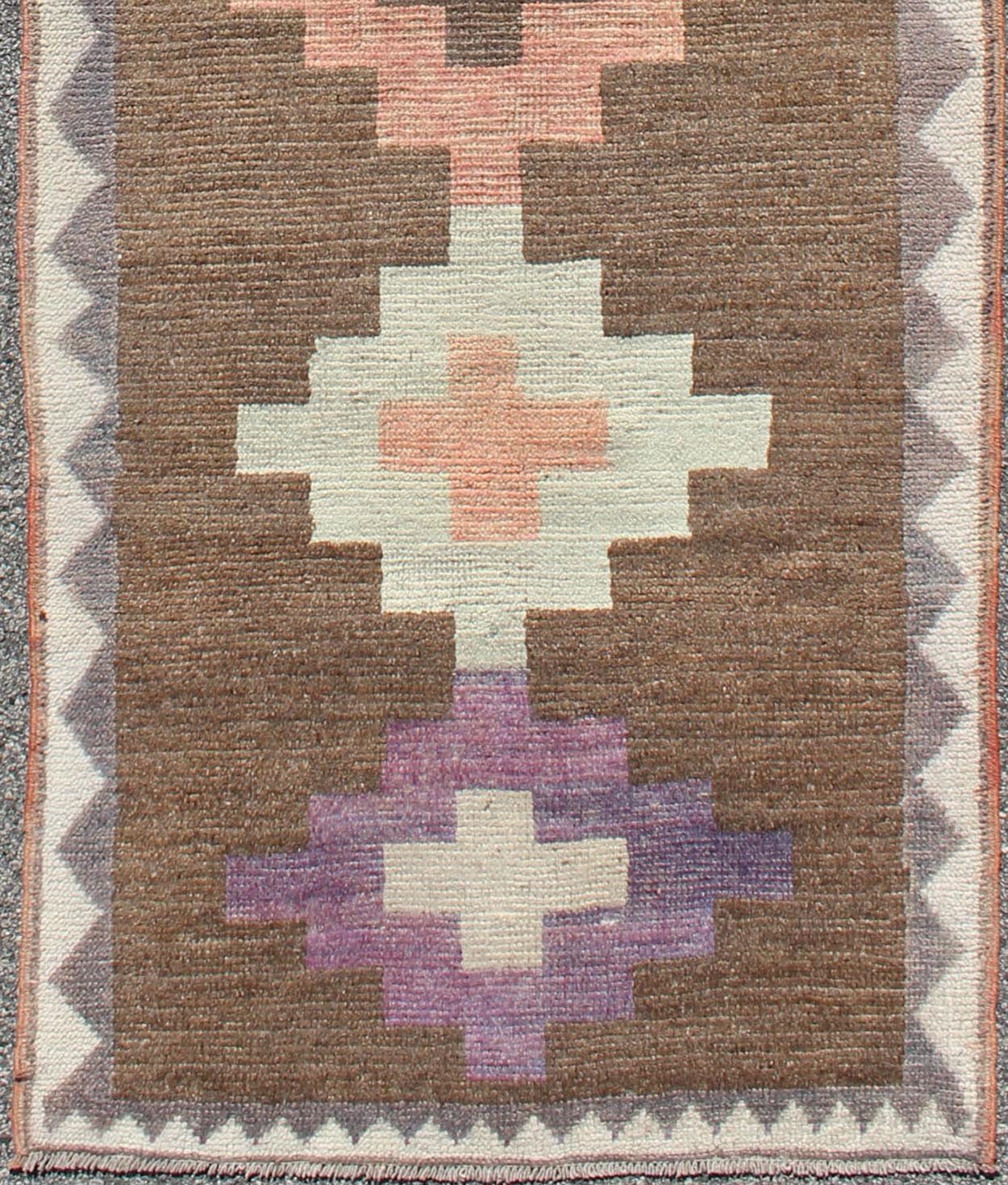 Vintage Turkish Tulu runner with tribal design in light pink, blue, lavender, rug en - 140710, country of origin / type: Turkey / Tulu, circa 1940 This Tulu runner contains four tribal medallions (in light pink, blue, ivory, and lavender) laid acr... - Keivan Woven ArtsEN - 140710 - 6384Rug