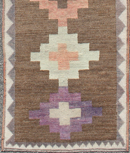 Vintage Turkish Tulu runner with tribal design in light pink, blue, lavender, rug en - 140710, country of origin / type: Turkey / Tulu, circa 1940 This Tulu runner contains four tribal medallions (in light pink, blue, ivory, and lavender) laid acr... - Keivan Woven ArtsEN - 140710 - 6384Rug