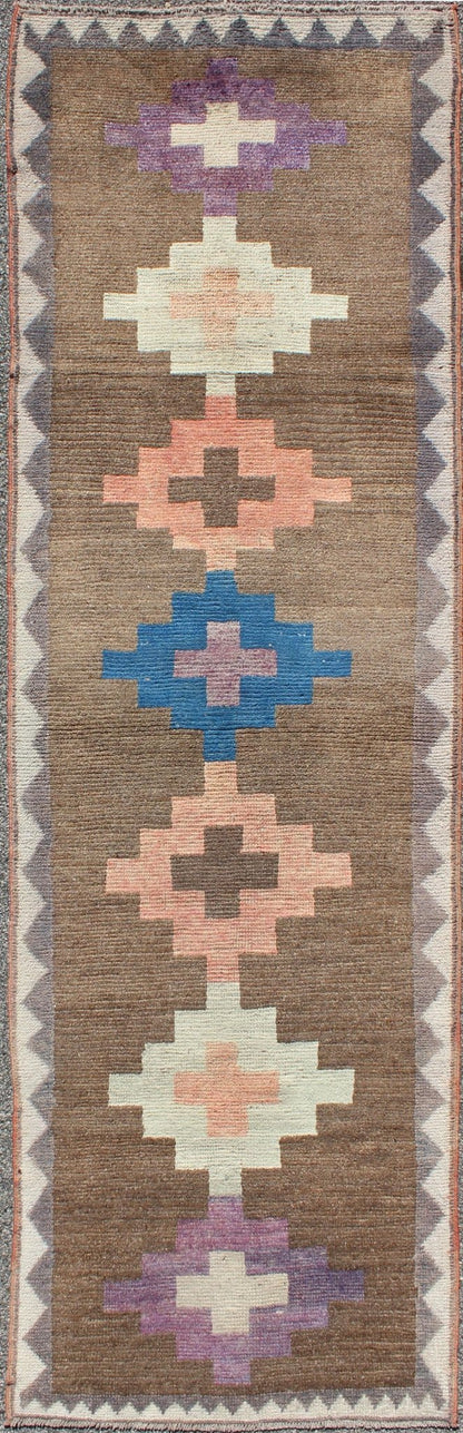 Vintage Turkish Tulu runner with tribal design in light pink, blue, lavender, rug en - 140710, country of origin / type: Turkey / Tulu, circa 1940 This Tulu runner contains four tribal medallions (in light pink, blue, ivory, and lavender) laid acr... - Keivan Woven ArtsEN - 140710 - 6384Rug