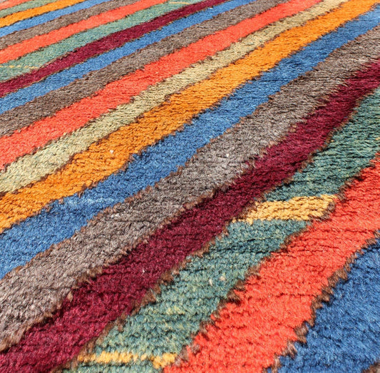 Colorful Vintage small Tulu rug. Vintage Turkish Tulu Rug with Horizontal Stripes, Keivan Woven Arts/ rug#EN - 140719 , origin/Turkey, Vintage Wool Tulu, vintage Moroccan rug, stripe Moroccan. Measures: 2'11 x 4'10. This unique Tulu carpet... - Keivan Woven ArtsEN - 140719 - 6005Rug