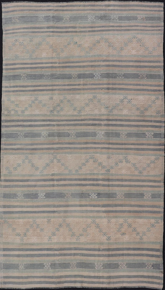 Measures: 5'3 x 9'5 Vintage Turkish Flat - Weave Kilim with Embroideries in Blue, Brown, and Cream. Keivan Woven Arts / rug EN - 14073, country of origin / type: Turkey / Kilim, circa 1950 - Keivan Woven ArtsEN - 14073 - 21775