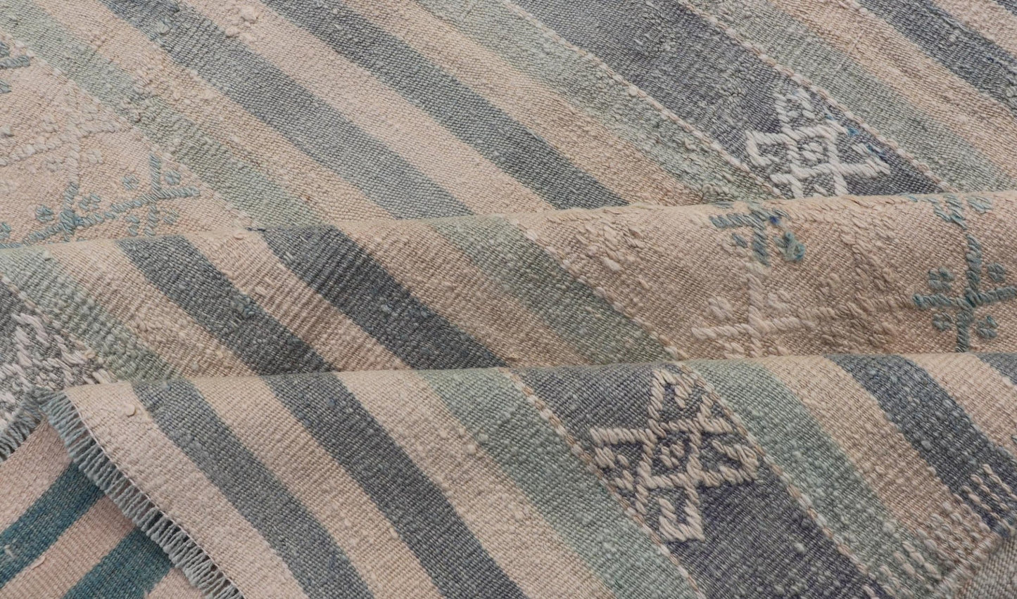 Measures: 5'3 x 9'5 Vintage Turkish Flat - Weave Kilim with Embroideries in Blue, Brown, and Cream. Keivan Woven Arts / rug EN - 14073, country of origin / type: Turkey / Kilim, circa 1950 - Keivan Woven ArtsEN - 14073 - 21775Rug