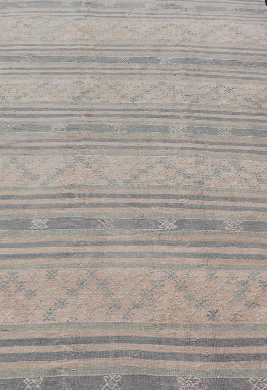 Measures: 5'3 x 9'5 Vintage Turkish Flat - Weave Kilim with Embroideries in Blue, Brown, and Cream. Keivan Woven Arts / rug EN - 14073, country of origin / type: Turkey / Kilim, circa 1950 - Keivan Woven ArtsEN - 14073 - 21775Rug