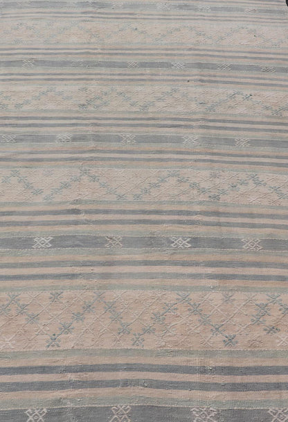 Measures: 5'3 x 9'5 Vintage Turkish Flat - Weave Kilim with Embroideries in Blue, Brown, and Cream. Keivan Woven Arts / rug EN - 14073, country of origin / type: Turkey / Kilim, circa 1950 - Keivan Woven ArtsEN - 14073 - 21775Rug