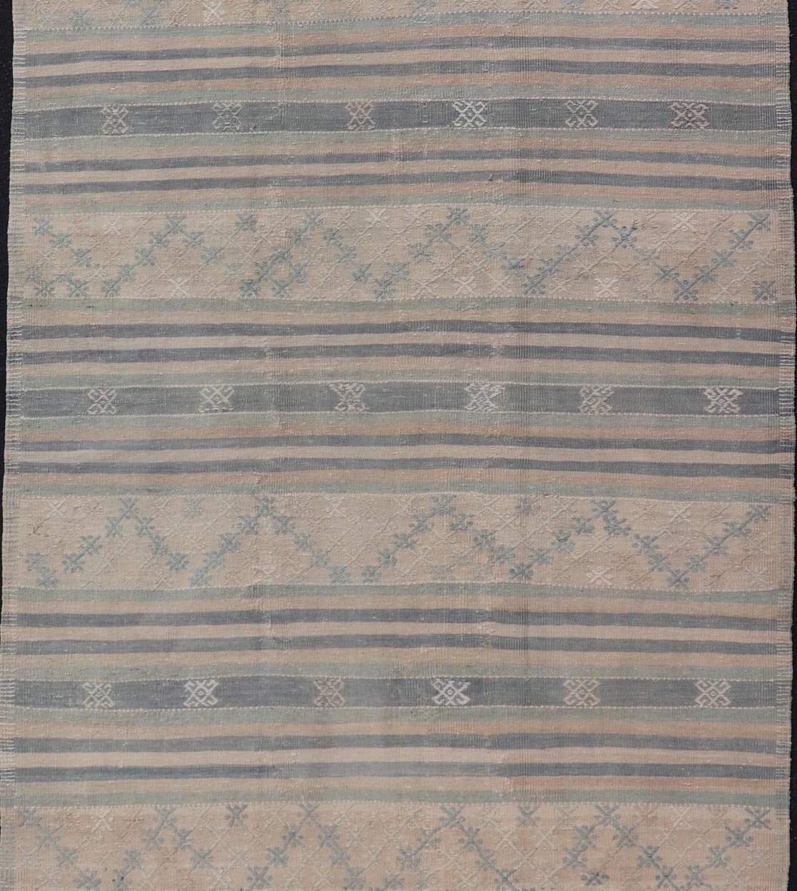 Measures: 5'3 x 9'5 Vintage Turkish Flat - Weave Kilim with Embroideries in Blue, Brown, and Cream. Keivan Woven Arts / rug EN - 14073, country of origin / type: Turkey / Kilim, circa 1950 - Keivan Woven ArtsEN - 14073 - 21775Rug
