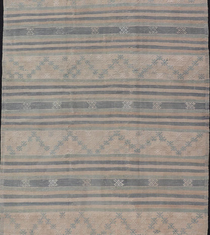 Measures: 5'3 x 9'5 Vintage Turkish Flat - Weave Kilim with Embroideries in Blue, Brown, and Cream. Keivan Woven Arts / rug EN - 14073, country of origin / type: Turkey / Kilim, circa 1950 - Keivan Woven ArtsEN - 14073 - 21775Rug