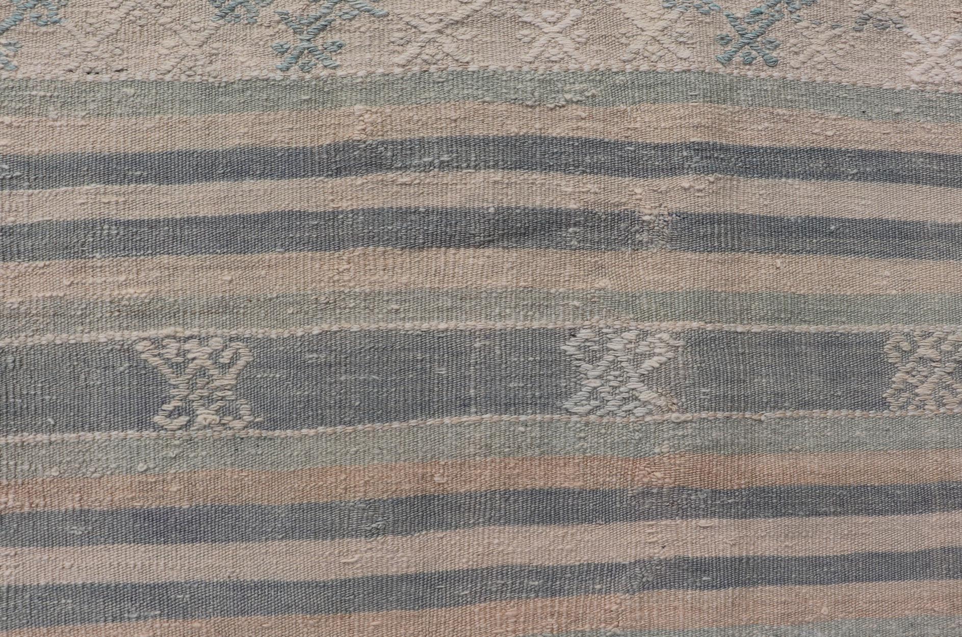 Measures: 5'3 x 9'5 Vintage Turkish Flat - Weave Kilim with Embroideries in Blue, Brown, and Cream. Keivan Woven Arts / rug EN - 14073, country of origin / type: Turkey / Kilim, circa 1950 - Keivan Woven ArtsEN - 14073 - 21775Rug