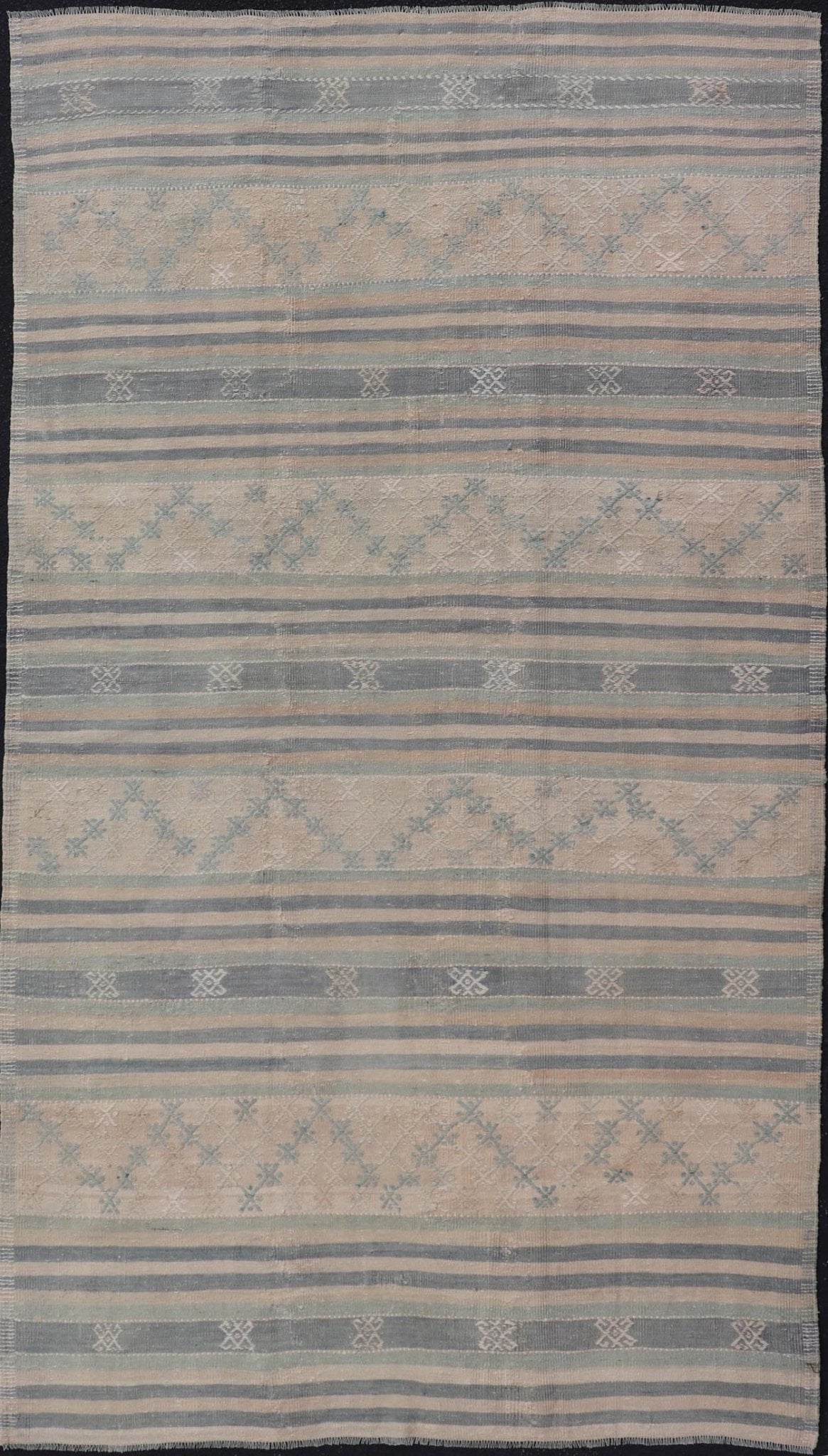 Measures: 5'3 x 9'5 Vintage Turkish Flat - Weave Kilim with Embroideries in Blue, Brown, and Cream. Keivan Woven Arts / rug EN - 14073, country of origin / type: Turkey / Kilim, circa 1950 - Keivan Woven ArtsEN - 14073 - 21775Rug