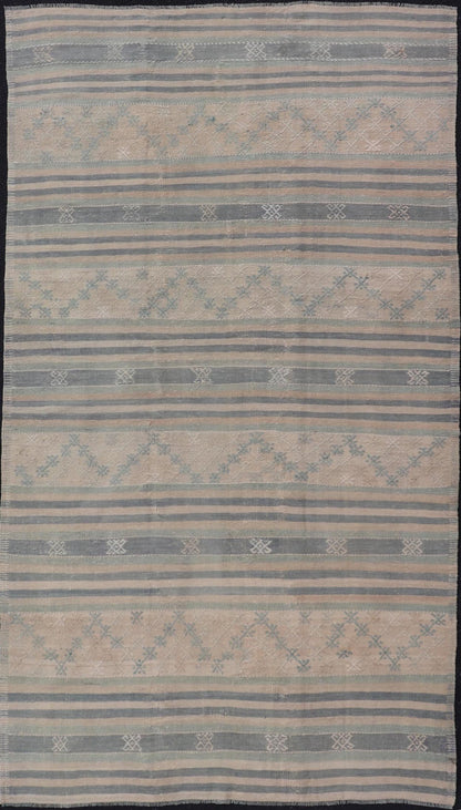 Measures: 5'3 x 9'5 Vintage Turkish Flat - Weave Kilim with Embroideries in Blue, Brown, and Cream. Keivan Woven Arts / rug EN - 14073, country of origin / type: Turkey / Kilim, circa 1950 - Keivan Woven ArtsEN - 14073 - 21775Rug