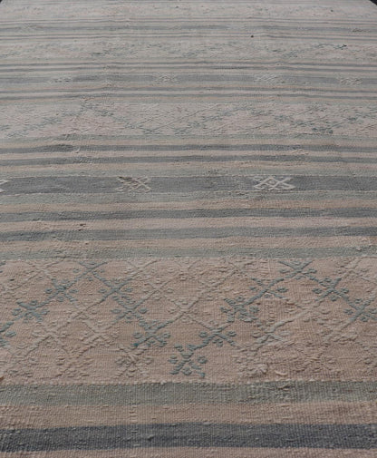 Measures: 5'3 x 9'5 Vintage Turkish Flat - Weave Kilim with Embroideries in Blue, Brown, and Cream. Keivan Woven Arts / rug EN - 14073, country of origin / type: Turkey / Kilim, circa 1950 - Keivan Woven ArtsEN - 14073 - 21775Rug