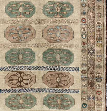 Mid - Century Turkish Oushak Rug with Ten Geometric Medallions in Teal & Cream, rug en - 140811, country of origin / type: Turkey / Oushak, circa mid - 20th century This vintage Turkish Oushak rug (circa mid - 20th century) features a unique blend of co... - Keivan Woven ArtsEN - 140811 - 6628Rug