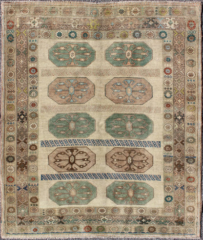 Mid - Century Turkish Oushak Rug with Ten Geometric Medallions in Teal & Cream, rug en - 140811, country of origin / type: Turkey / Oushak, circa mid - 20th century This vintage Turkish Oushak rug (circa mid - 20th century) features a unique blend of co... - Keivan Woven ArtsEN - 140811 - 6628Rug