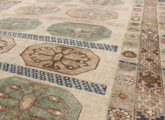 Mid - Century Turkish Oushak Rug with Ten Geometric Medallions in Teal & Cream, rug en - 140811, country of origin / type: Turkey / Oushak, circa mid - 20th century This vintage Turkish Oushak rug (circa mid - 20th century) features a unique blend of co... - Keivan Woven ArtsEN - 140811 - 6628Rug