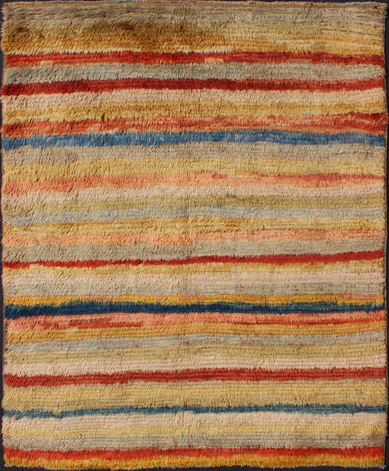 Mid 20th Century Vintage Turkish Angora Tulu Rug With Stripe Design in Yellow, Green, Red & Blue Measures: 5'5'' x 7'0''. This angora Tulu rug is handwoven from fine angora wool in a soft and colorful palette, featuring a striped pattern ... - Keivan Woven ArtsEN - 140845 - 6392Rug