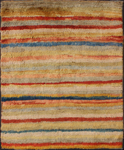 Mid 20th Century Vintage Turkish Angora Tulu Rug With Stripe Design in Yellow, Green, Red & Blue Measures: 5'5'' x 7'0''. This angora Tulu rug is handwoven from fine angora wool in a soft and colorful palette, featuring a striped pattern ... - Keivan Woven ArtsEN - 140845 - 6392Rug
