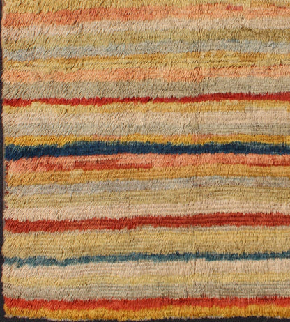 Mid 20th Century Vintage Turkish Angora Tulu Rug With Stripe Design in Yellow, Green, Red & Blue Measures: 5'5'' x 7'0''. This angora Tulu rug is handwoven from fine angora wool in a soft and colorful palette, featuring a striped pattern ... - Keivan Woven ArtsEN - 140845 - 6392Rug