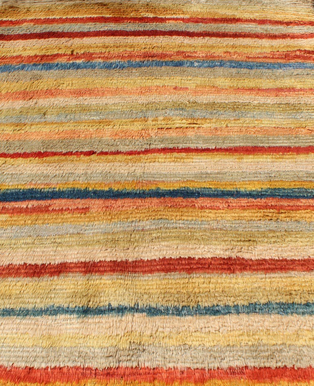 Mid 20th Century Vintage Turkish Angora Tulu Rug With Stripe Design in Yellow, Green, Red & Blue Measures: 5'5'' x 7'0''. This angora Tulu rug is handwoven from fine angora wool in a soft and colorful palette, featuring a striped pattern ... - Keivan Woven ArtsEN - 140845 - 6392Rug
