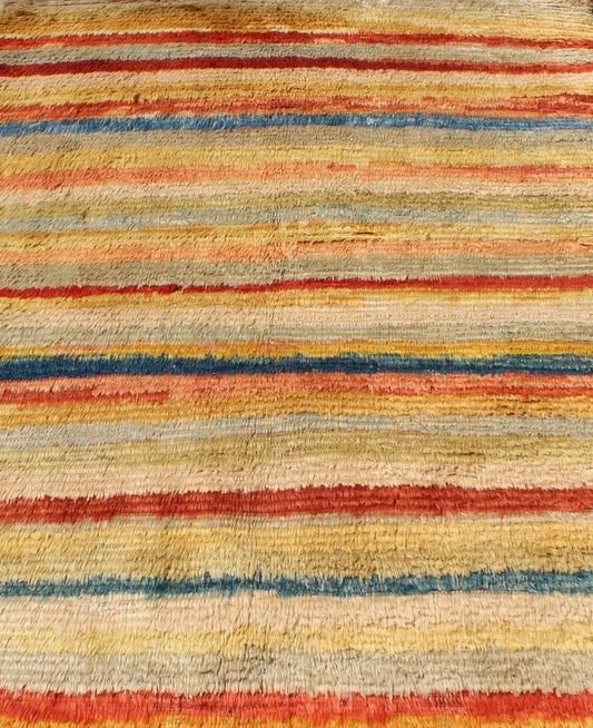 Mid 20th Century Vintage Turkish Angora Tulu Rug With Stripe Design in Yellow, Green, Red & Blue Measures: 5'5'' x 7'0''. This angora Tulu rug is handwoven from fine angora wool in a soft and colorful palette, featuring a striped pattern ... - Keivan Woven ArtsEN - 140845 - 6392Rug