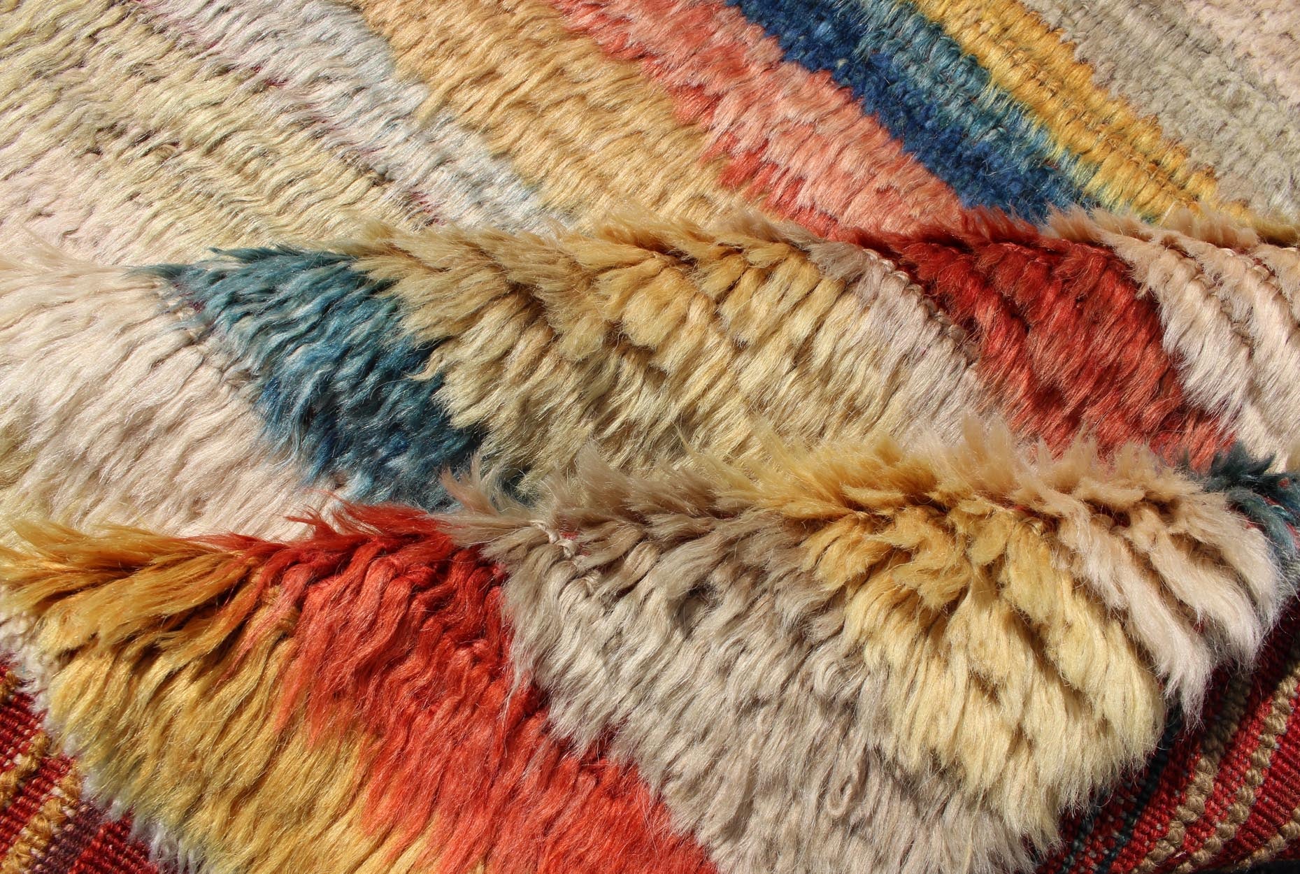 Mid 20th Century Vintage Turkish Angora Tulu Rug With Stripe Design in Yellow, Green, Red & Blue Measures: 5'5'' x 7'0''. This angora Tulu rug is handwoven from fine angora wool in a soft and colorful palette, featuring a striped pattern ... - Keivan Woven ArtsEN - 140845 - 6392Rug