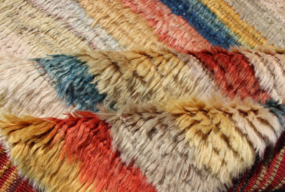 Mid 20th Century Vintage Turkish Angora Tulu Rug With Stripe Design in Yellow, Green, Red & Blue Measures: 5'5'' x 7'0''. This angora Tulu rug is handwoven from fine angora wool in a soft and colorful palette, featuring a striped pattern ... - Keivan Woven ArtsEN - 140845 - 6392Rug