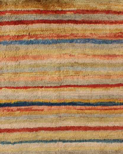 Mid 20th Century Vintage Turkish Angora Tulu Rug With Stripe Design in Yellow, Green, Red & Blue Measures: 5'5'' x 7'0''. This angora Tulu rug is handwoven from fine angora wool in a soft and colorful palette, featuring a striped pattern ... - Keivan Woven ArtsEN - 140845 - 6392Rug