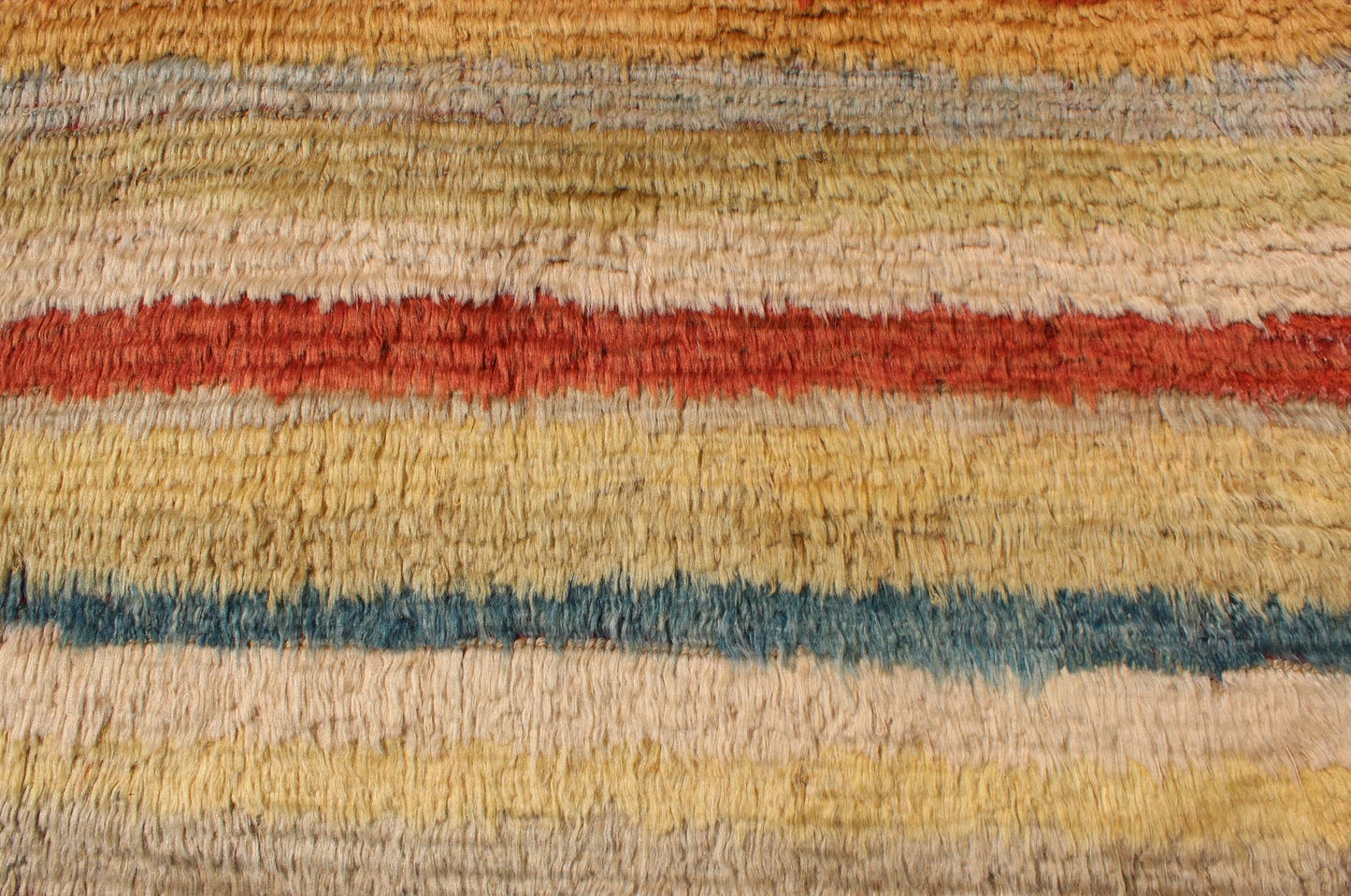 Mid 20th Century Vintage Turkish Angora Tulu Rug With Stripe Design in Yellow, Green, Red & Blue Measures: 5'5'' x 7'0''. This angora Tulu rug is handwoven from fine angora wool in a soft and colorful palette, featuring a striped pattern ... - Keivan Woven ArtsEN - 140845 - 6392Rug