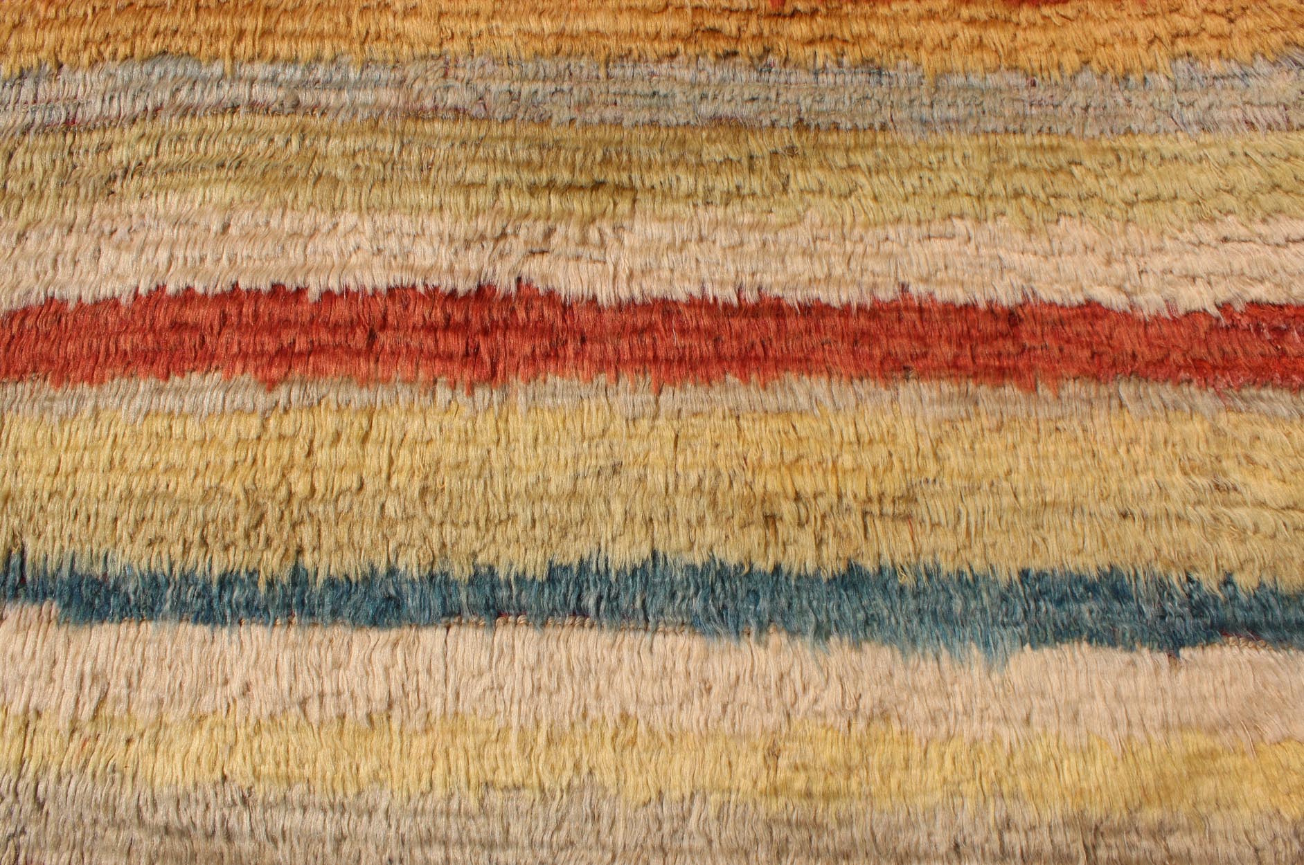 Mid 20th Century Vintage Turkish Angora Tulu Rug With Stripe Design in Yellow, Green, Red & Blue Measures: 5'5'' x 7'0''. This angora Tulu rug is handwoven from fine angora wool in a soft and colorful palette, featuring a striped pattern ... - Keivan Woven ArtsEN - 140845 - 6392Rug