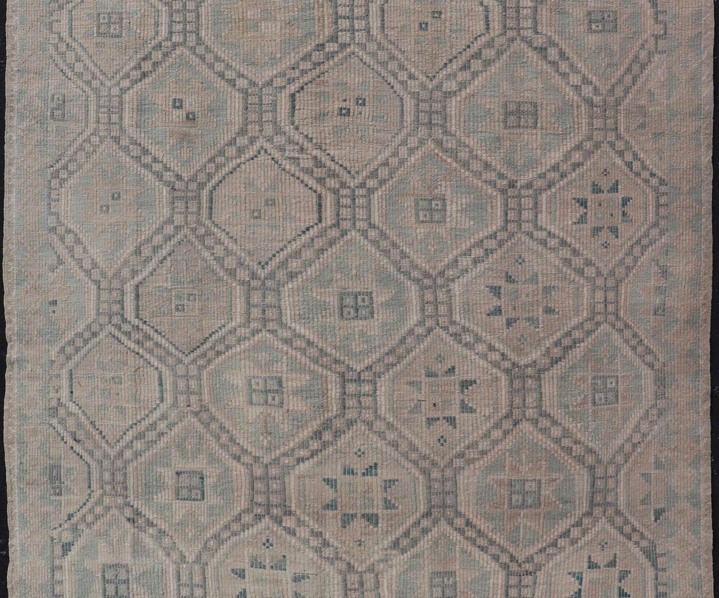 Measures: 6'5 x 10 Vintage Turkish Embroidered Rug with Geometric Diamond Design in Green, Lt Blue. Keivan Woven Arts / rug EN - 14085, country of origin / type: Turkey / Kilim, circa 1950. This geometric Kilim from Turkey bears a repeating di... - Keivan Woven ArtsEN - 14085 - 21781Rug