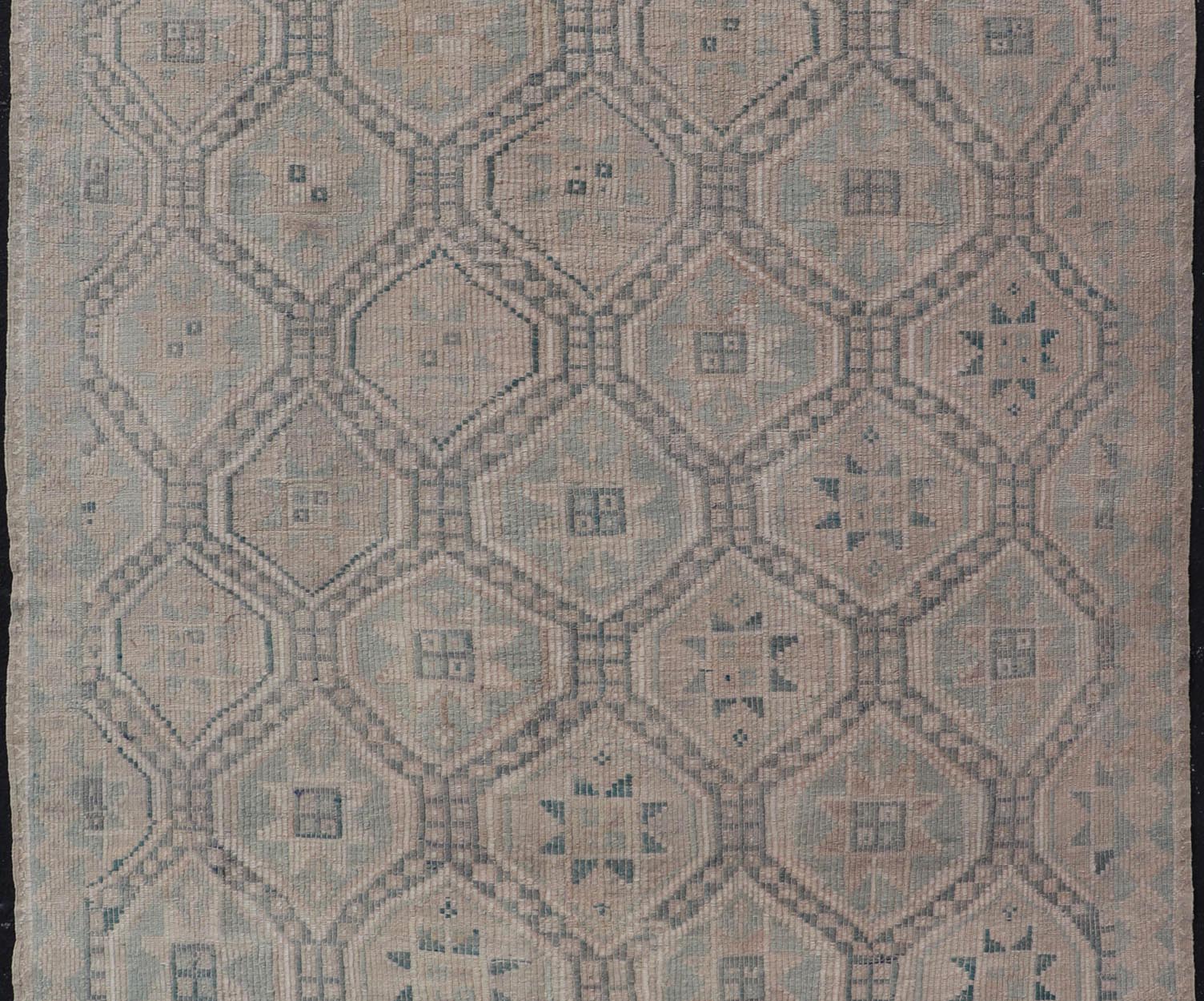 Measures: 6'5 x 10 Vintage Turkish Embroidered Rug with Geometric Diamond Design in Green, Lt Blue. Keivan Woven Arts / rug EN - 14085, country of origin / type: Turkey / Kilim, circa 1950. This geometric Kilim from Turkey bears a repeating di... - Keivan Woven ArtsEN - 14085 - 21781Rug