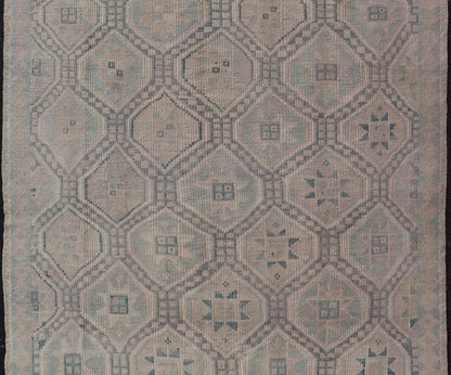Measures: 6'5 x 10 Vintage Turkish Embroidered Rug with Geometric Diamond Design in Green, Lt Blue. Keivan Woven Arts / rug EN - 14085, country of origin / type: Turkey / Kilim, circa 1950. This geometric Kilim from Turkey bears a repeating di... - Keivan Woven ArtsEN - 14085 - 21781Rug