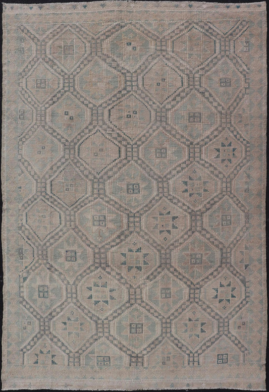 Measures: 6'5 x 10 Vintage Turkish Embroidered Rug with Geometric Diamond Design in Green, Lt Blue. Keivan Woven Arts / rug EN - 14085, country of origin / type: Turkey / Kilim, circa 1950. This geometric Kilim from Turkey bears a repeating di... - Keivan Woven ArtsEN - 14085 - 21781