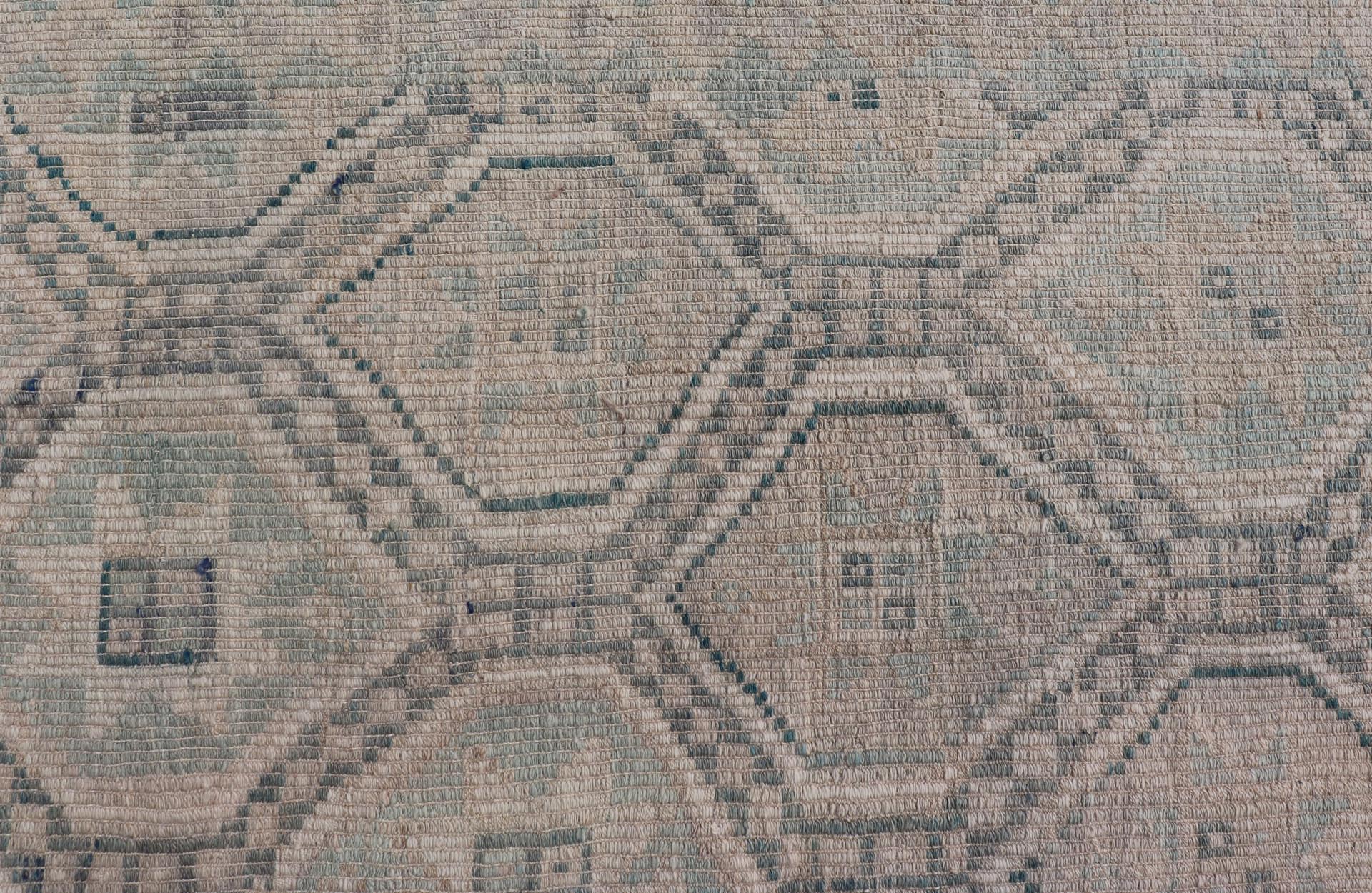 Measures: 6'5 x 10 Vintage Turkish Embroidered Rug with Geometric Diamond Design in Green, Lt Blue. Keivan Woven Arts / rug EN - 14085, country of origin / type: Turkey / Kilim, circa 1950. This geometric Kilim from Turkey bears a repeating di... - Keivan Woven ArtsEN - 14085 - 21781Rug