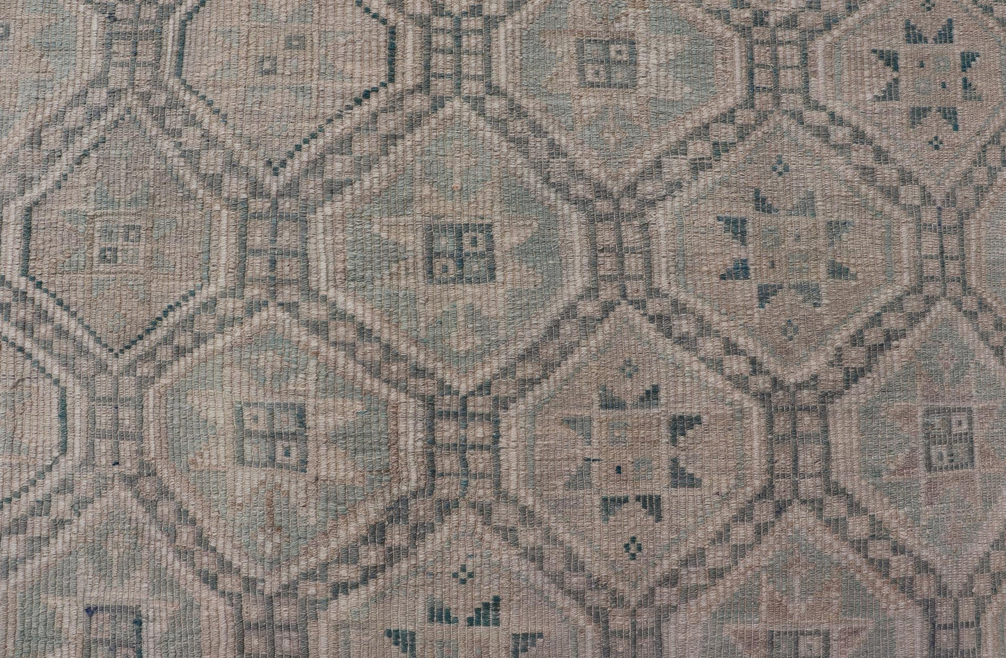Measures: 6'5 x 10 Vintage Turkish Embroidered Rug with Geometric Diamond Design in Green, Lt Blue. Keivan Woven Arts / rug EN - 14085, country of origin / type: Turkey / Kilim, circa 1950. This geometric Kilim from Turkey bears a repeating di... - Keivan Woven ArtsEN - 14085 - 21781Rug