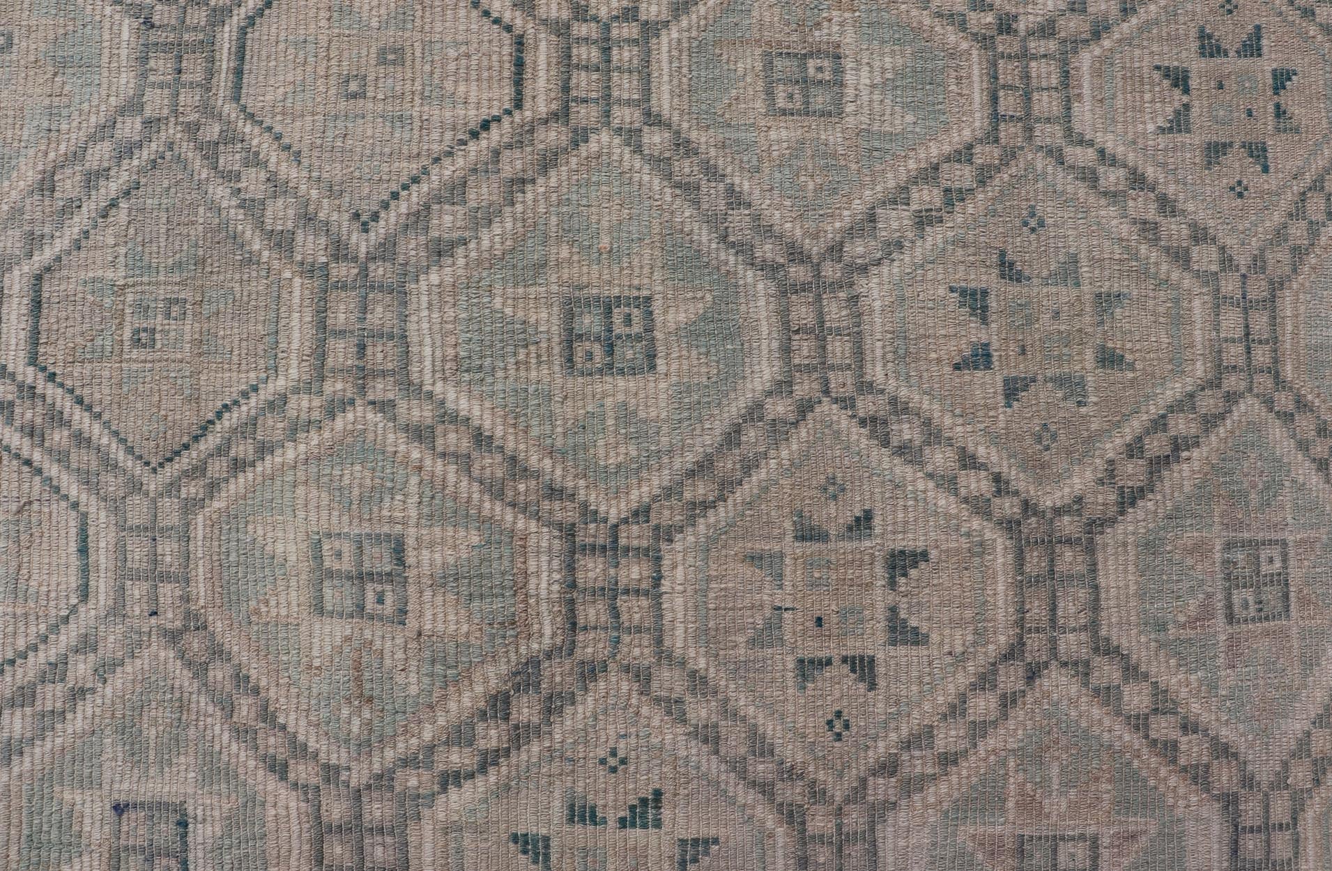 Measures: 6'5 x 10 Vintage Turkish Embroidered Rug with Geometric Diamond Design in Green, Lt Blue. Keivan Woven Arts / rug EN - 14085, country of origin / type: Turkey / Kilim, circa 1950. This geometric Kilim from Turkey bears a repeating di... - Keivan Woven ArtsEN - 14085 - 21781Rug