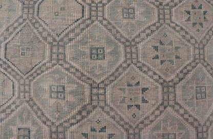 Measures: 6'5 x 10 Vintage Turkish Embroidered Rug with Geometric Diamond Design in Green, Lt Blue. Keivan Woven Arts / rug EN - 14085, country of origin / type: Turkey / Kilim, circa 1950. This geometric Kilim from Turkey bears a repeating di... - Keivan Woven ArtsEN - 14085 - 21781Rug