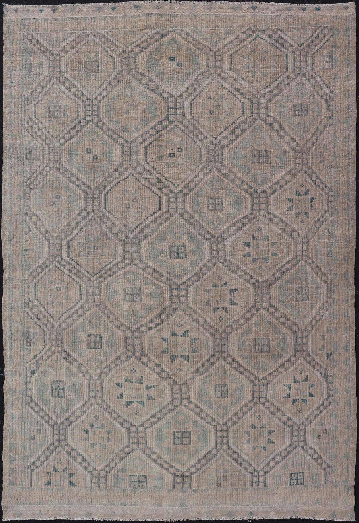 Measures: 6'5 x 10 Vintage Turkish Embroidered Rug with Geometric Diamond Design in Green, Lt Blue. Keivan Woven Arts / rug EN - 14085, country of origin / type: Turkey / Kilim, circa 1950. This geometric Kilim from Turkey bears a repeating di... - Keivan Woven ArtsEN - 14085 - 21781Rug