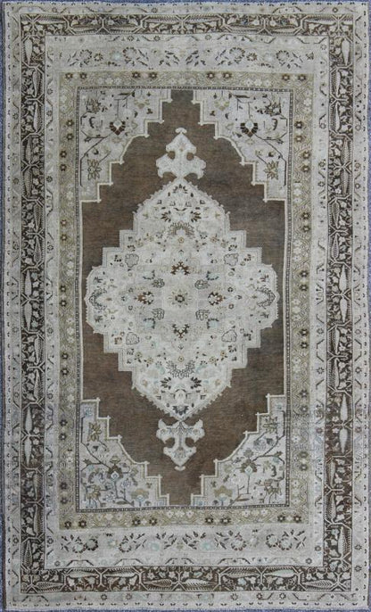 Vintage Turkish Oushak long Rug with Medallion in Brown, Green & Neutral Colors Measures: 7'7 x 12'2 This beautiful Turkish Oushak from mid 20th century Turkey features a Classic medallion Oushak design. The Greenish - brown ground is home ... - Keivan Woven ArtsEN - 140878 - 6638Rug