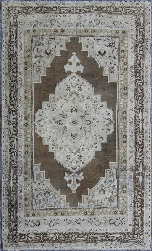 Vintage Turkish Oushak long Rug with Medallion in Brown, Green & Neutral Colors Measures: 7'7 x 12'2 This beautiful Turkish Oushak from mid 20th century Turkey features a Classic medallion Oushak design. The Greenish - brown ground is home ... - Keivan Woven ArtsEN - 140878 - 6638Rug