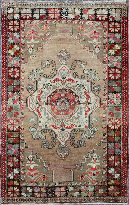 Vintage Turkish Oushak Floral Medallion Design in Camel, Black, Red, Gray & Tan. All - over blossoming floral design rug in brown, taupe, red, and ivory, Keivan Woven Arts / rug EN - 140880, country of origin / type: Turkey / Oushak, circa 1940. ... - Keivan Woven ArtsEN - 140880 - 6648Rug