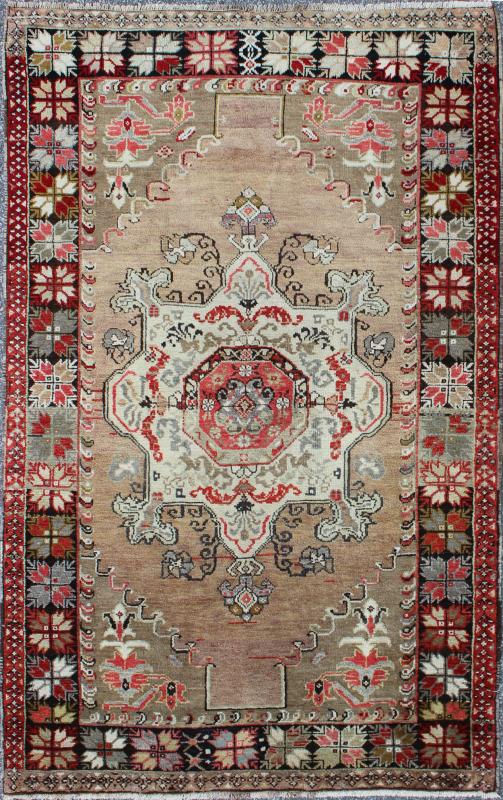 Vintage Turkish Oushak Floral Medallion Design in Camel, Black, Red, Gray & Tan. All - over blossoming floral design rug in brown, taupe, red, and ivory, Keivan Woven Arts / rug EN - 140880, country of origin / type: Turkey / Oushak, circa 1940. ... - Keivan Woven ArtsEN - 140880 - 6648Rug